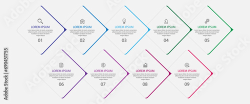 business infographic tamplate. thin line design
with icons, text, number and 9 options or steps.
used for process diagrams, workflow layouts, flowcharts, info graphics, 
and your presentations
