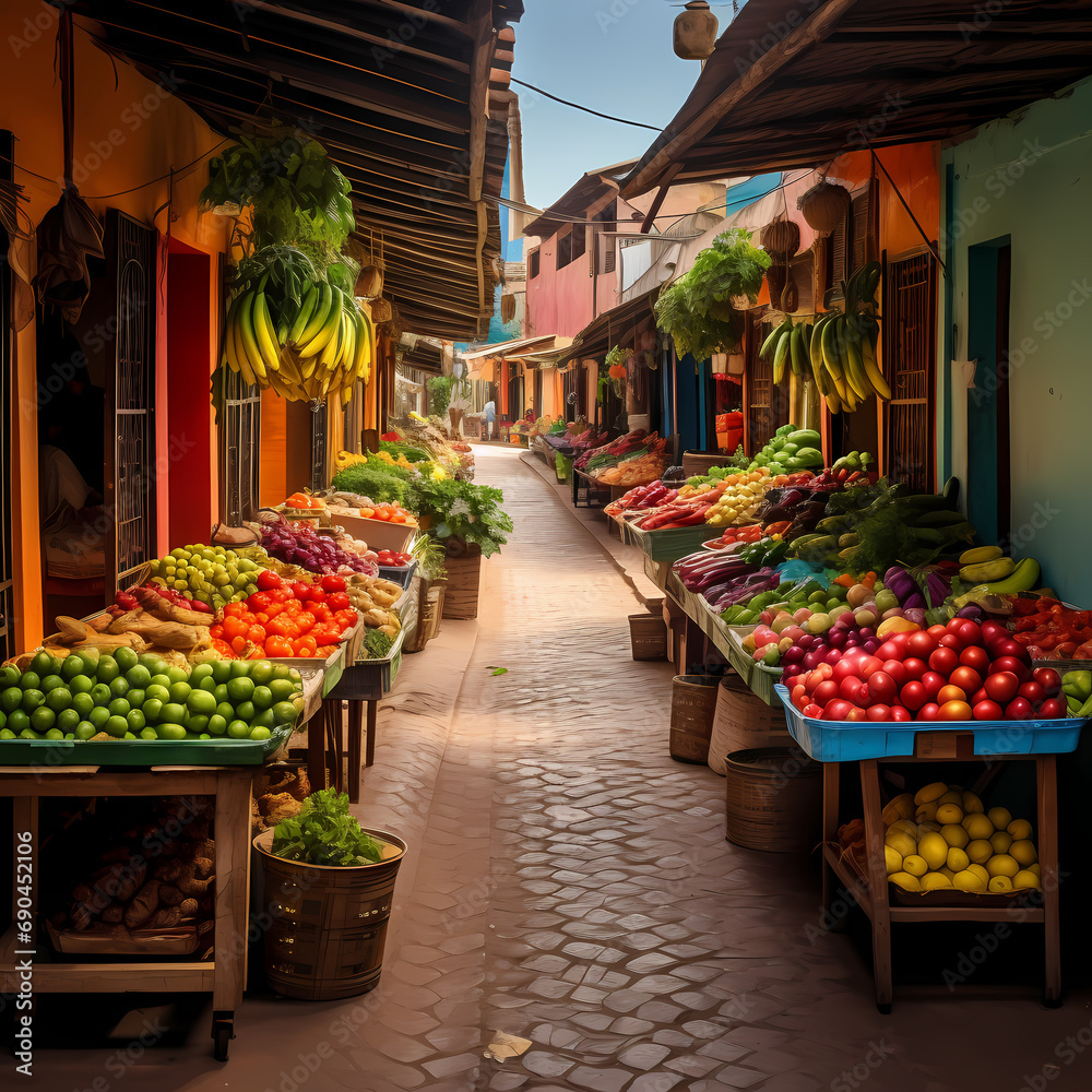 A colorful market stall with fresh fruits and vegetables