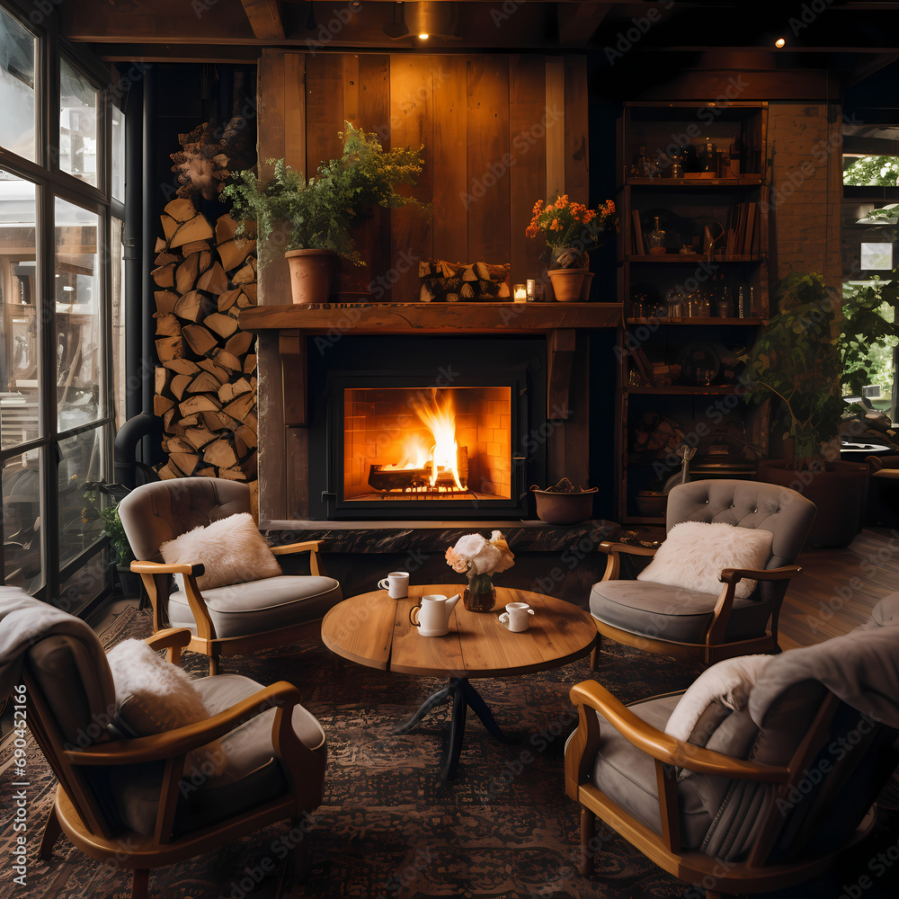 A cozy coffee shop with a fireplace and comfy chairs
