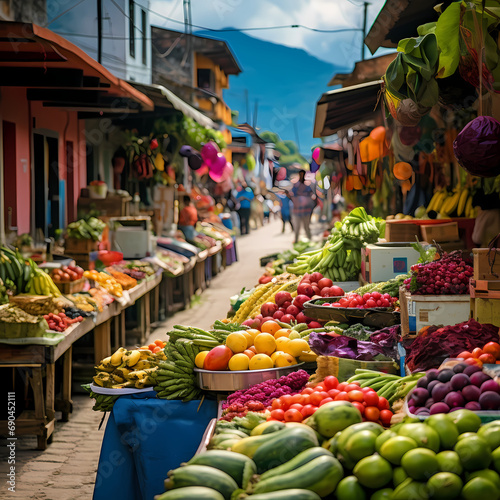 A colorful market stall with fresh fruits and vegetables © Cao