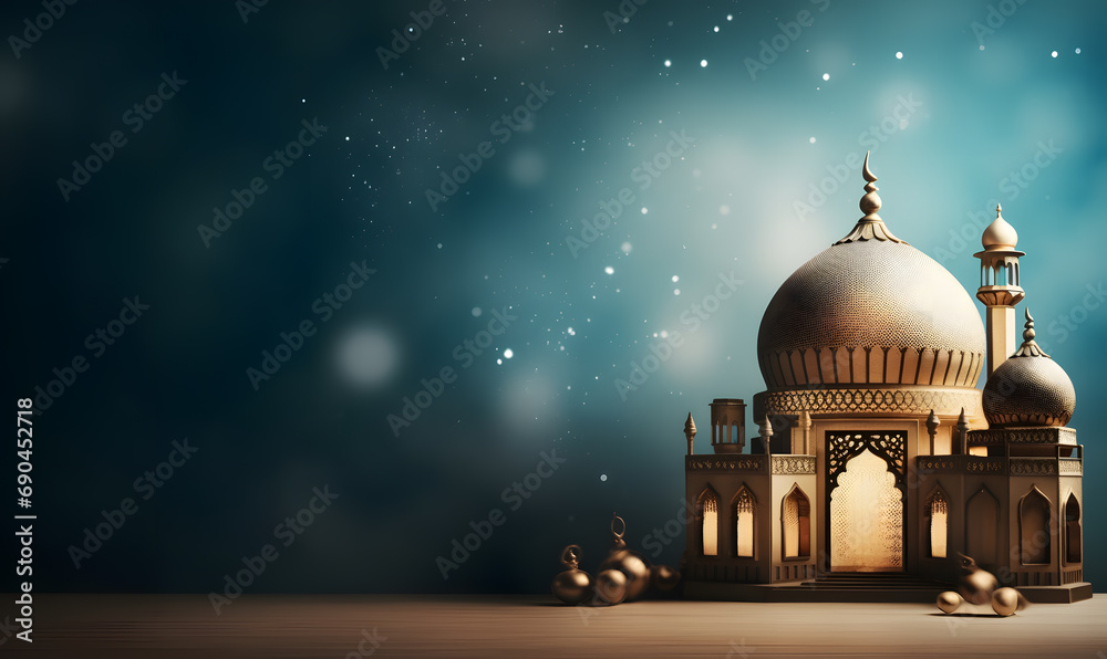 Fototapeta premium Beautiful Islamic mosque building background, Islamic wallpaper, Ramadan Kareem, Eid al-Fitr, Eid al-Adha, Eid Eid Mubarak copy space. 