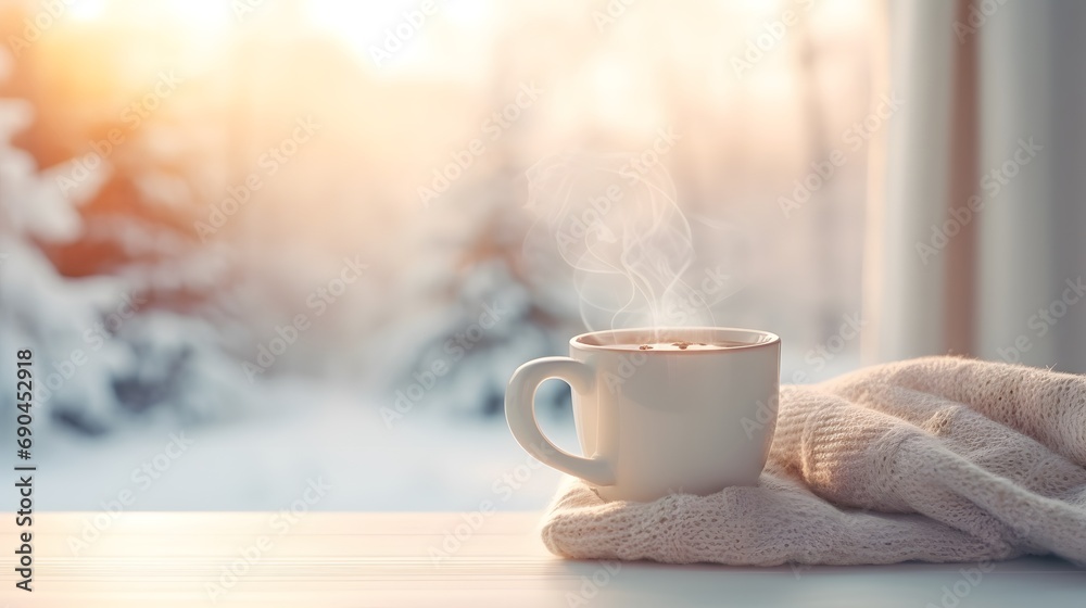 Cozy warm winter composition with cup of hot coffee or chocolate, cozy blanket and snowy landscape on sunny winter day. Winter home decor. Christmas. New Years Eve.
