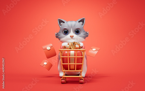 Fototapeta Naklejka Na Ścianę i Meble -  3D cartoon style cute cat and shopping cart, 3d rendering.