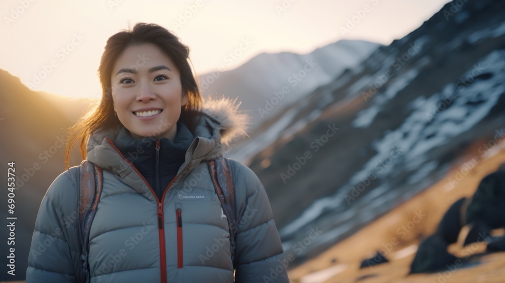 Portrait of an attractive woman in warm clothes on outdoor adventure Portrait of an attractive woman in warm clothes on outdoor adventure