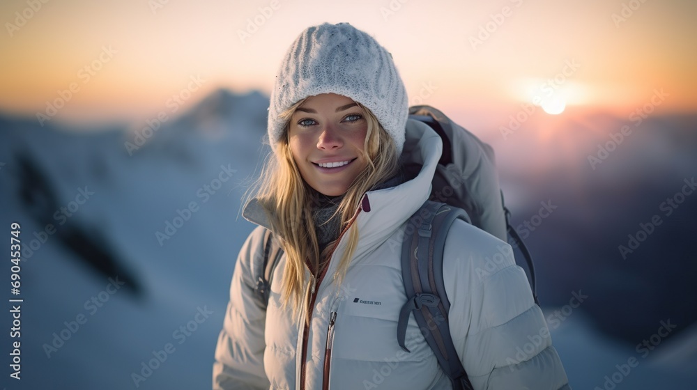Portrait of an attractive woman in warm clothes on outdoor adventure Portrait of an attractive woman in warm clothes on outdoor adventure