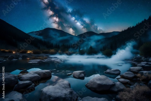 A network of natural  springs  steam rising in the crisp mountain air under a starlit sky.