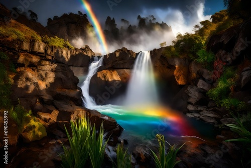 A vibrant rainbow arching over a cascading waterfall  blending with the mist rising from the plunge pool below. 