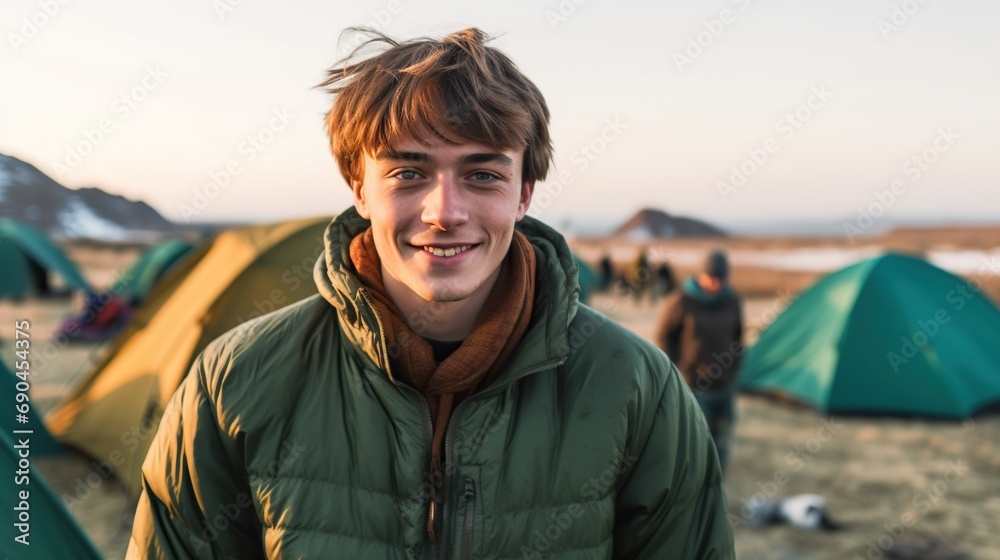 Portrait of a young adult traveler in warm clothes on outdoor adventures 