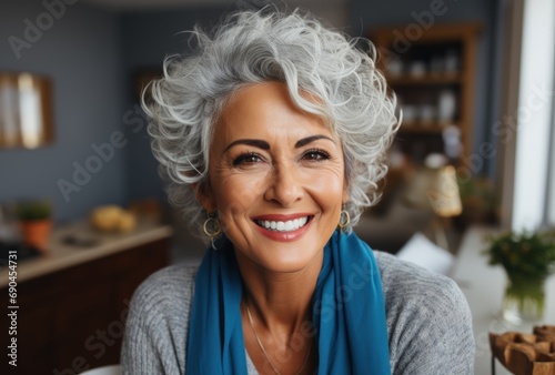 Happy Senior Woman with Curly White Hair in Cozy Kitchen Setting