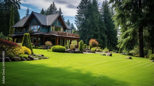 Amazing farm house backyard with green lawn, fir trees, bushes