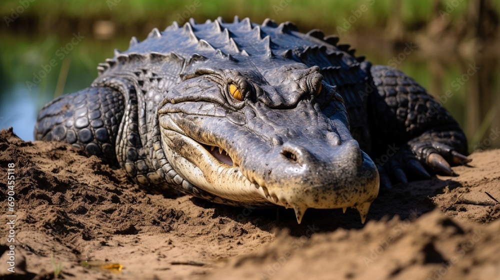 Fototapeta premium American Alligator - Alligator mississippiensis full body shot crossing Sand and gravel with Grass Background Large Predator Wild Animals Swamp Creature in Sweetwater wetlands Gainesville Florida