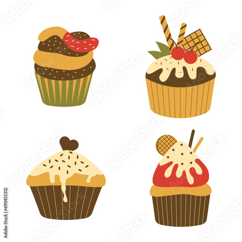 Hand Drawn Cupcake Dessert In Different Shapes and Design. Vector Illustration Collection.