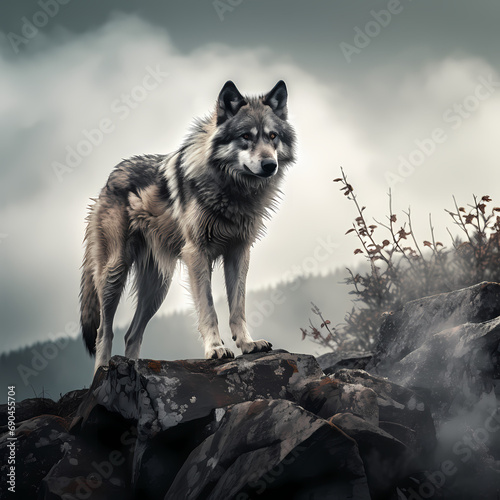 A lone wolf standing on a rocky ledge