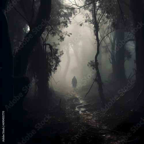 A misty forest with a mysterious figure in the distance