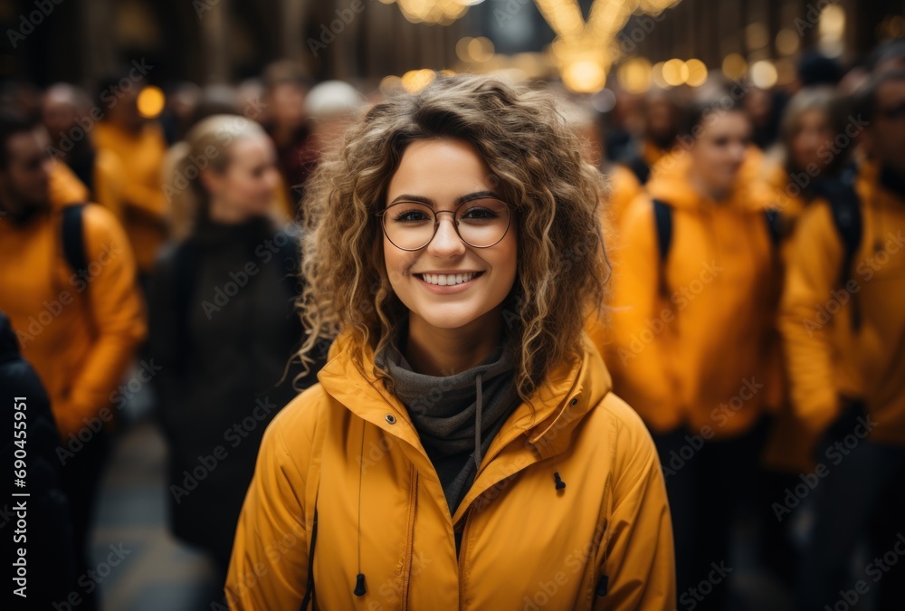 Joyful young woman leading a crowd in yellow jackets Joyful young woman leading a crowd in yellow jackets