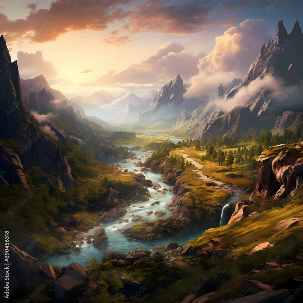 A mountainous landscape with a winding river.