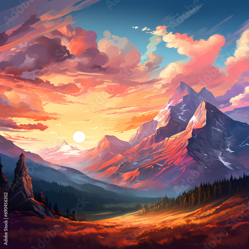 A mountain range with a colorful sunset.