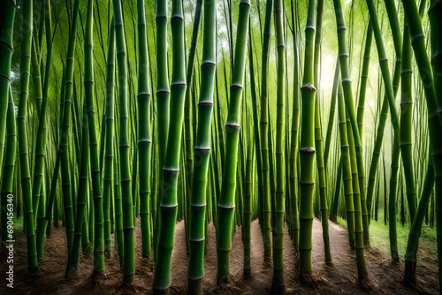 A symmetrical row of towering bamboo shoots  creating a natural corridor of green.