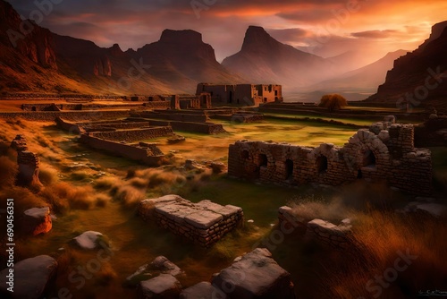 Twilight in a serene valley, with the last light of day illuminating a cluster of ancient ruins.