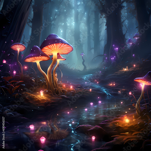 A mysterious forest with glowing mushrooms