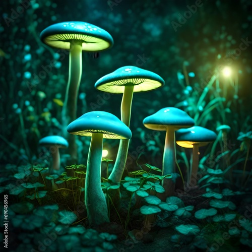 mushrooms in the grass near the golden light