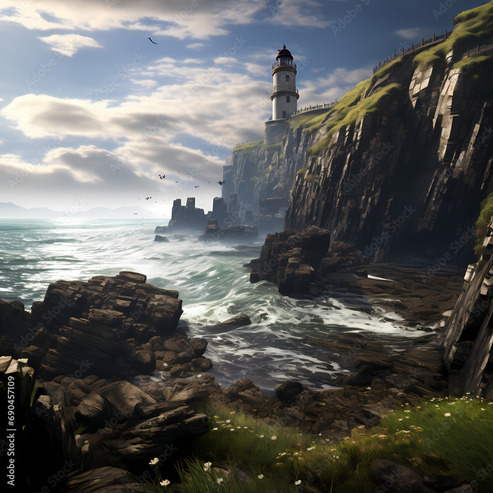 A rocky coastal cliff with a lighthouse in the distance.