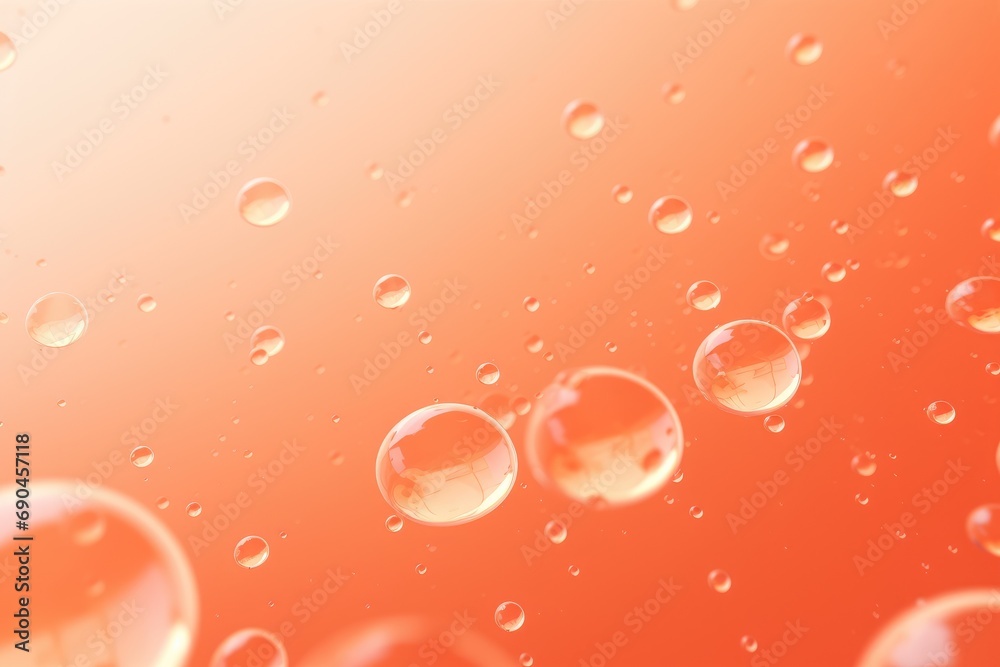 Macro oil drop floating on water surface. Abstract blue water bubbles background. Cosmetic liquid beauty product. Colorful artistic backdrop. Peach fuzz - color of the year 2024