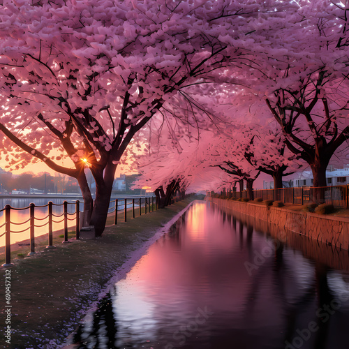 A row of cherry blossom trees along a riverbank