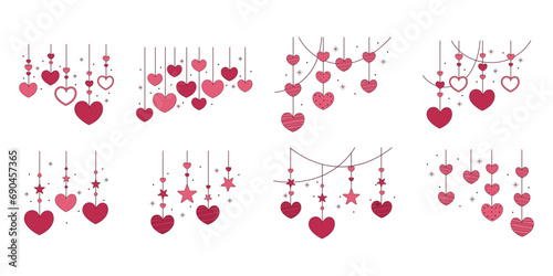 Set of heart hanging valentine decoration. Valentine, and love decoration. Vector Illustration. 