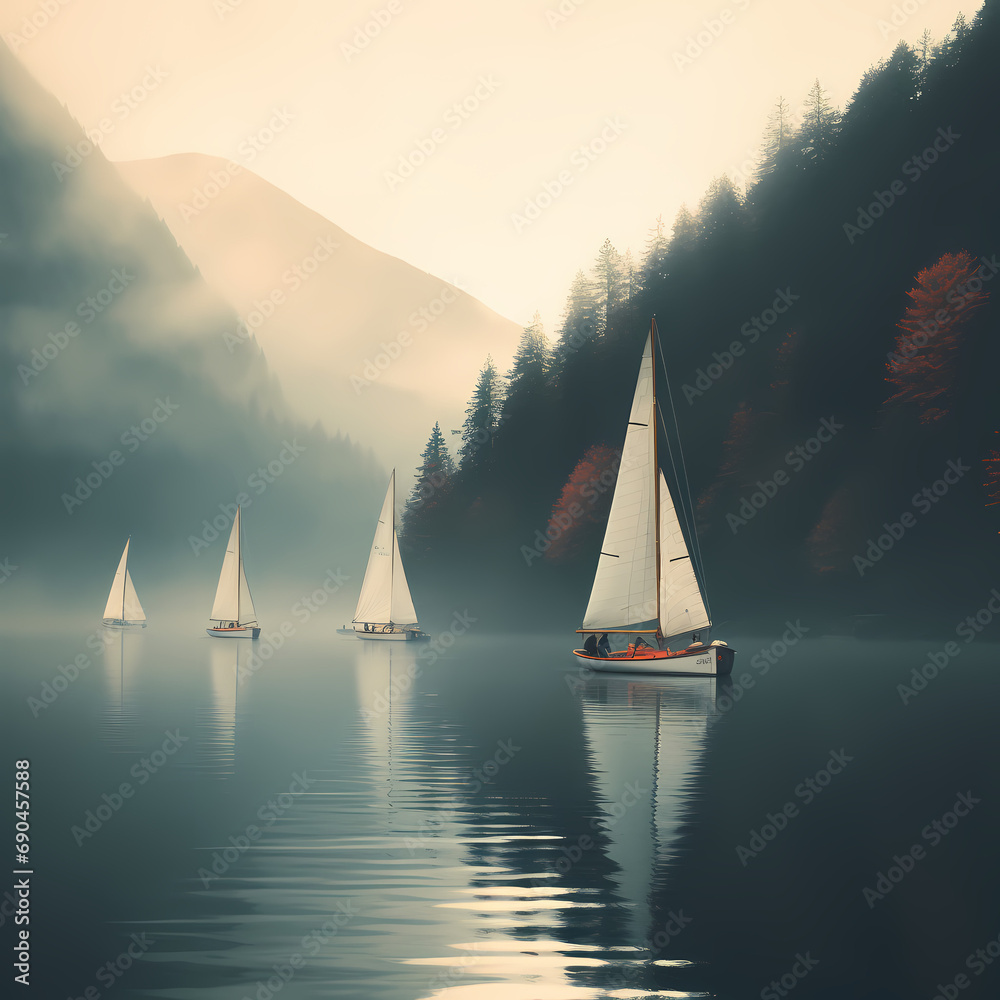 A row of sailboats on a misty lake