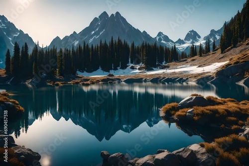 A pristine mountain lake surrounded by snow-capped peaks, reflecting the tranquil beauty of the alpine wilderness. © CREATIVE AI ARTISTRY