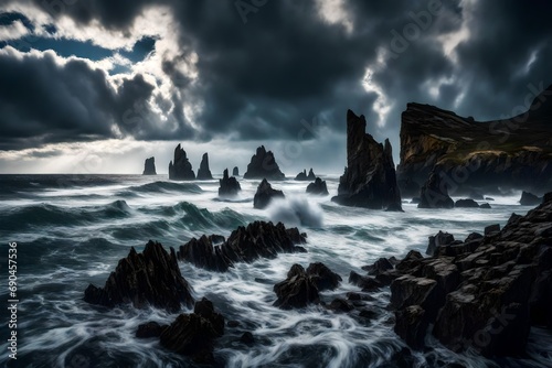A surreal seascape with towering cliffs, waves crashing against jagged rocks under a dramatic, cloud-filled sky.
