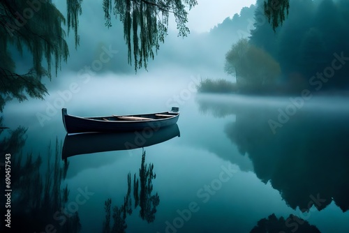 A dense fog enveloping a tranquil lake, with a lone rowboat barely visible in the ethereal mist.  © CREATIVE AI ARTISTRY