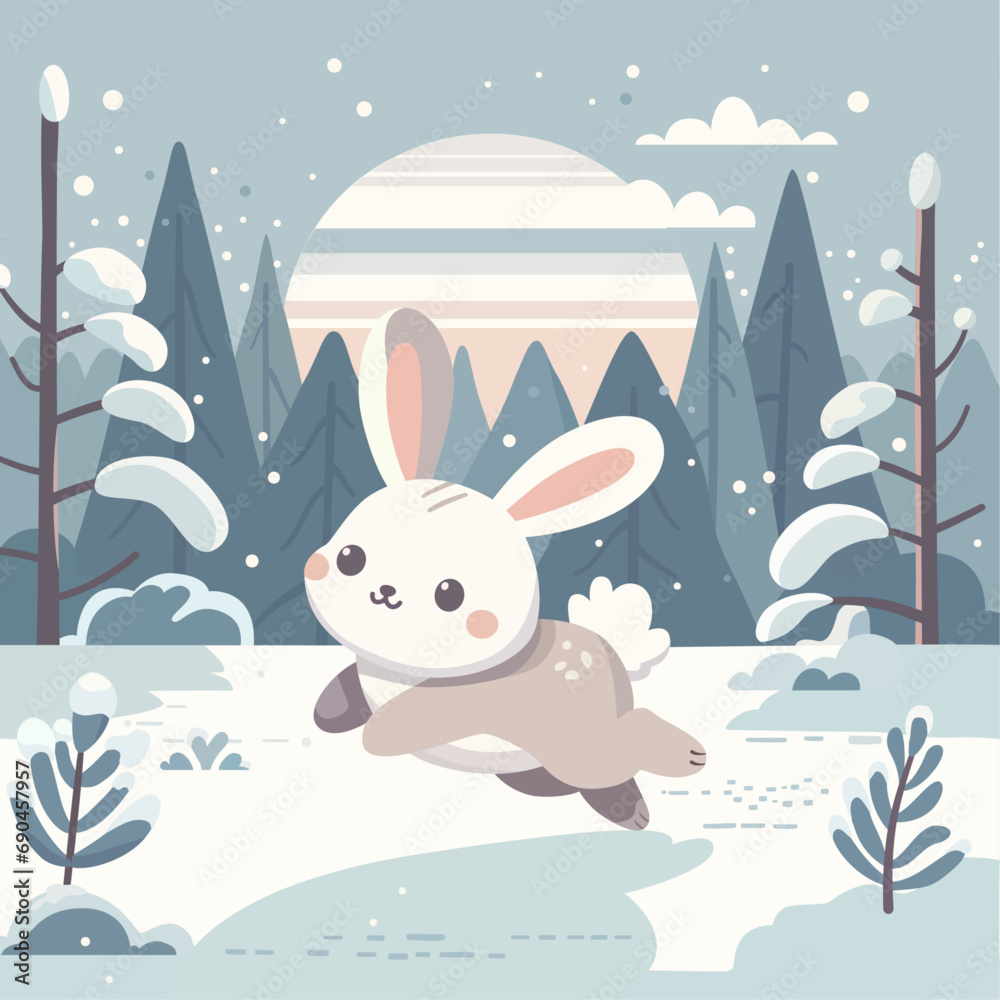 Obraz premium illustration of a rabbit running in a snowy forest in winter