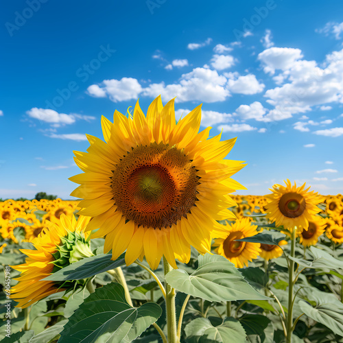 A sunflower field with a bright blue sky