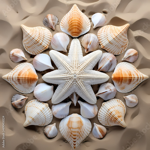 Symmetrical arrangement of seashells creating patterns on the sandy shore