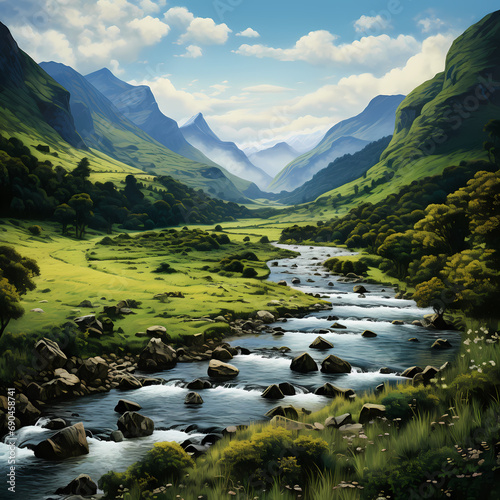 Tranquil river winding through a lush valley. © Cao