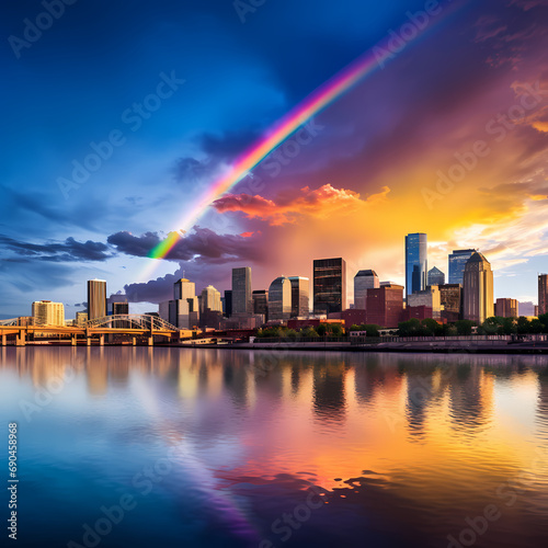 A vibrant rainbow over a city skyline at dusk © Cao