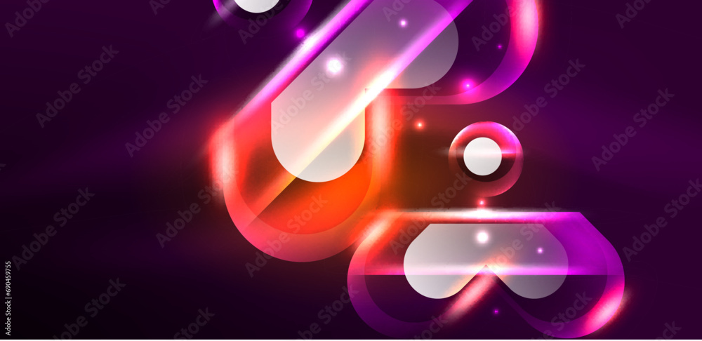 Neon glowing geometric shapes vector abstract background. Round elements, light effects and glass glossy style with color backdrop. Space cosmic or magic energy wallpaper