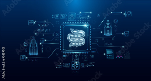 Small intestine organ human in microchip processor circuit board. HUD interface hologram. Innovative health care analysis of AI technology digital hi tech. Modern treatment future medicine. Vector.