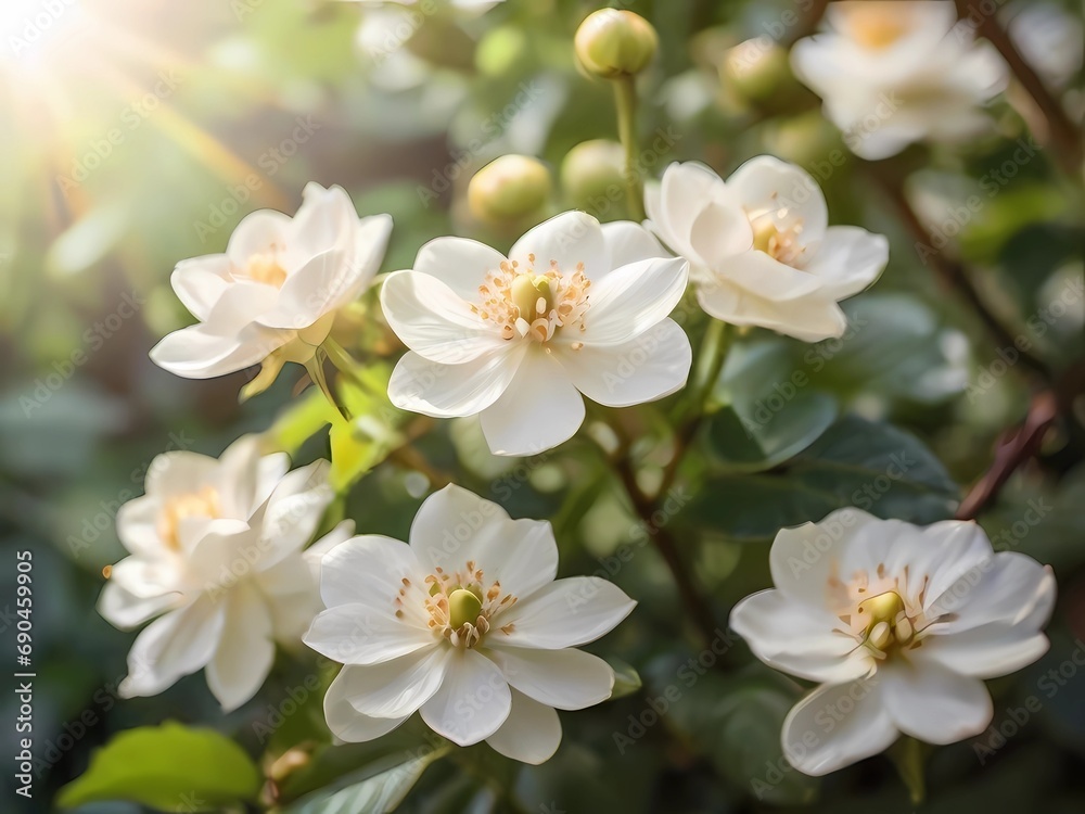 beautiful white coffee flowers in the garden, sunlight, detail coffee flowers, realistic coffee flowers