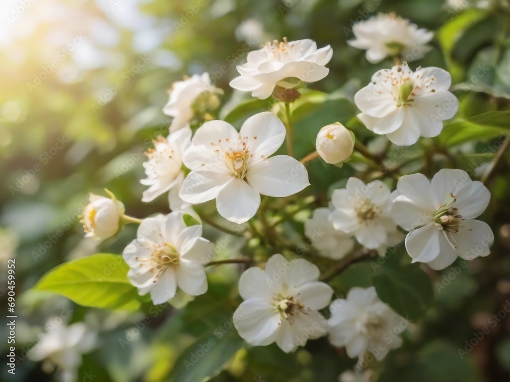 beautiful white coffee flowers in the garden, sunlight, detail coffee flowers, realistic coffee flowers