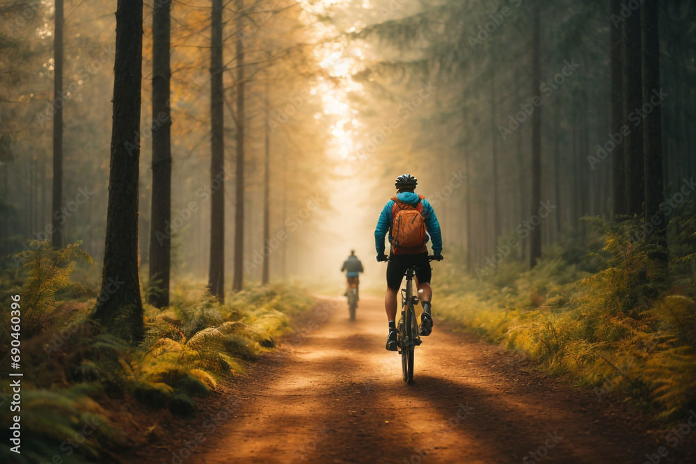 Back view of man cycling in the forest Back view of man cycling in the forest
