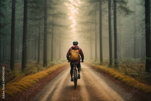 Back view of man cycling in the forest 