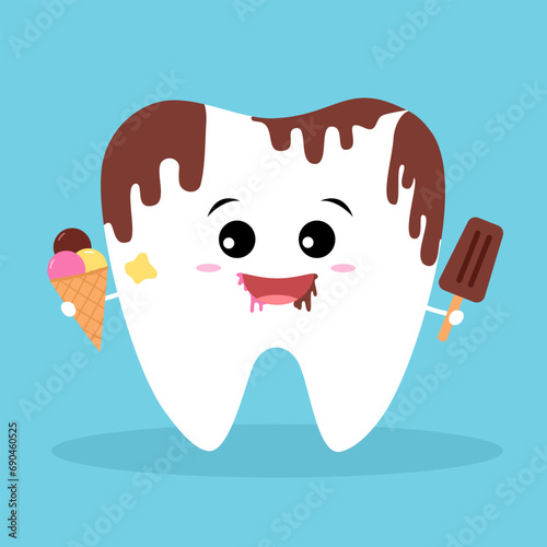 Cute dirty tooth cartoon character eating ice cream in flat design. Dental care concept.