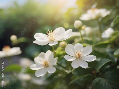 beautiful white coffee flowers in the garden, sunlight, detail coffee flowers, realistic coffee flowers