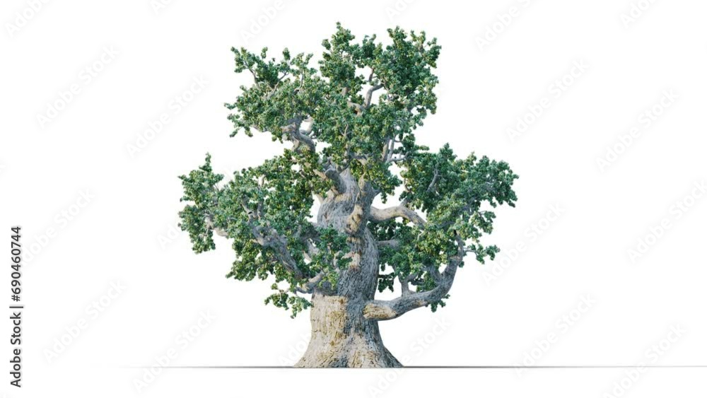 Trees grow from small to large. Growing tree on transparency background. 3D realistic summer tree. Wind blowing leaves moving.