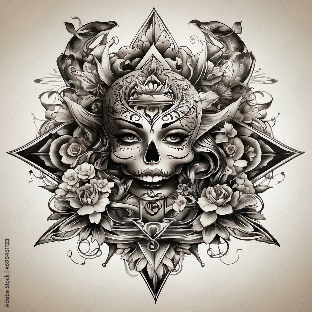 flower girl tattoo with skull and wing illustration flower girl tattoo with skull and wing illustration