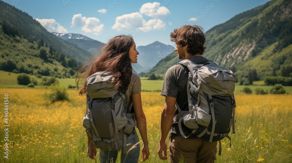 A couple walking with backpacks on the green meadow. Generative AI. A couple walking with backpacks on the green meadow. Generative AI.