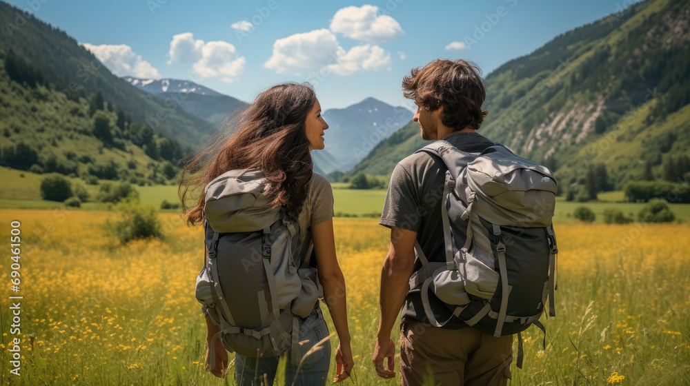 A couple walking with backpacks on the green meadow. Generative AI.